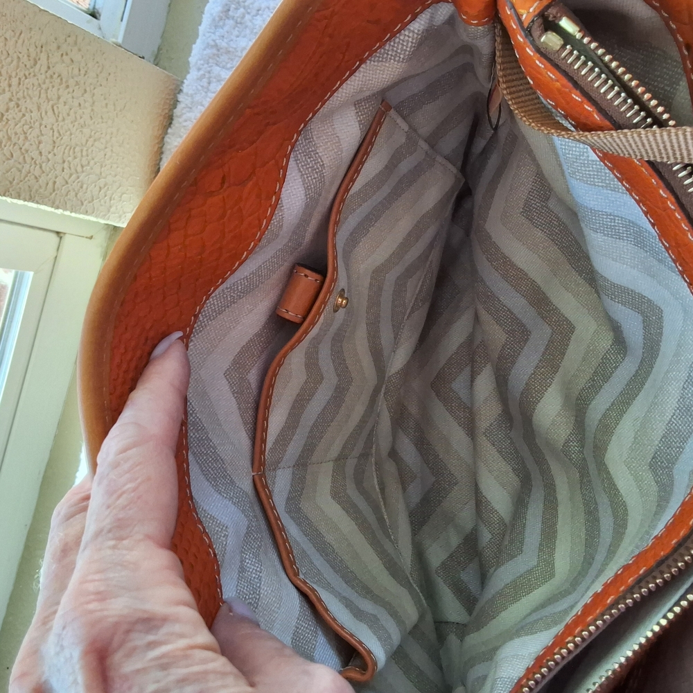 Dooney & Bourke Ostrich Orange and Brown Tote with Structured Design - Picture 7 of 14
